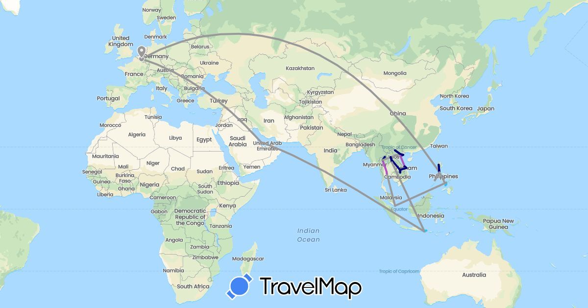 TravelMap itinerary: driving, plane, train, boat in Belgium, Indonesia, Laos, Philippines, Qatar, Singapore, Thailand, Vietnam (Asia, Europe)